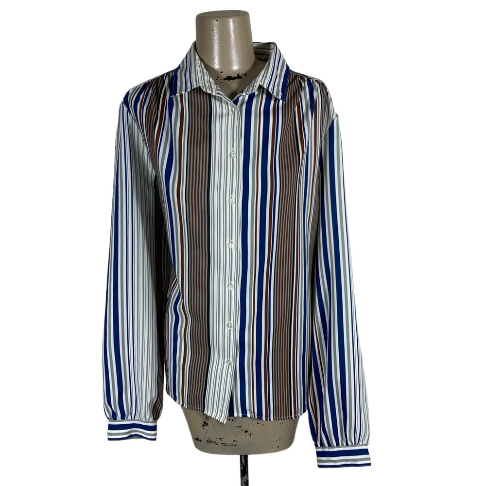 Vintage 80’s Striped Pykettes Blue Gray Secretary Blouse Sz 20